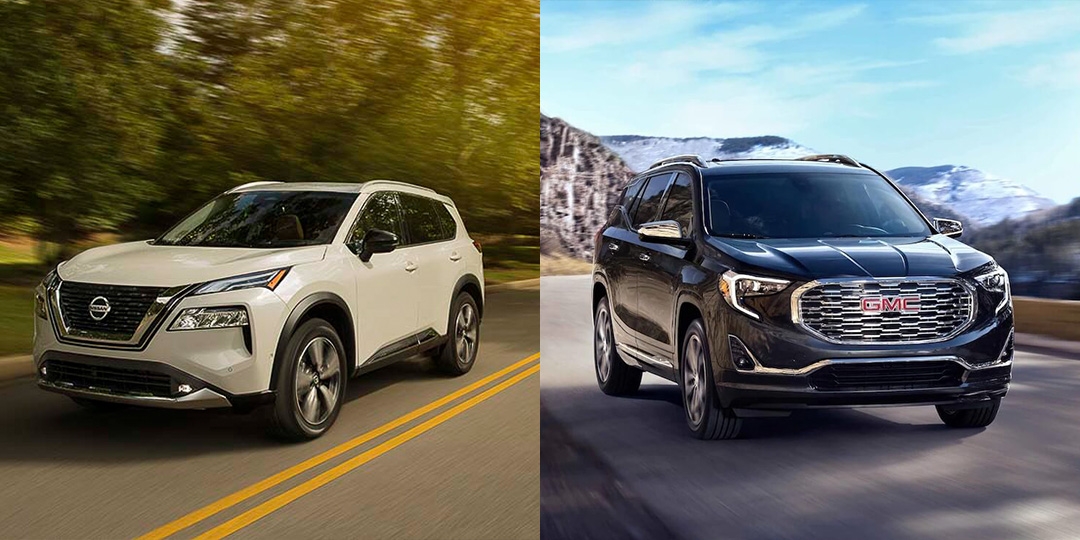 Comparatif entre le Nissan Rogue 2021 (gauche) et le GMC Terrain 2021 (droite)